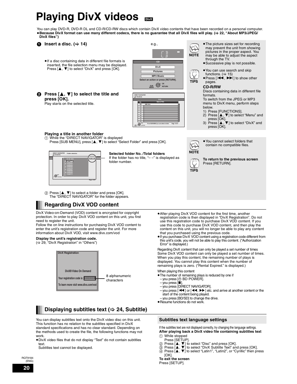 Playing divx videos, Regarding divx vod content, Displaying subtitles text ( > > 24, subtitle) | Insert a disc. ( > 14), Press [  ,  ] to select the title and press [ok, Subtitles text language settings | Panasonic DMP-BD50 User Manual | Page 20 / 50