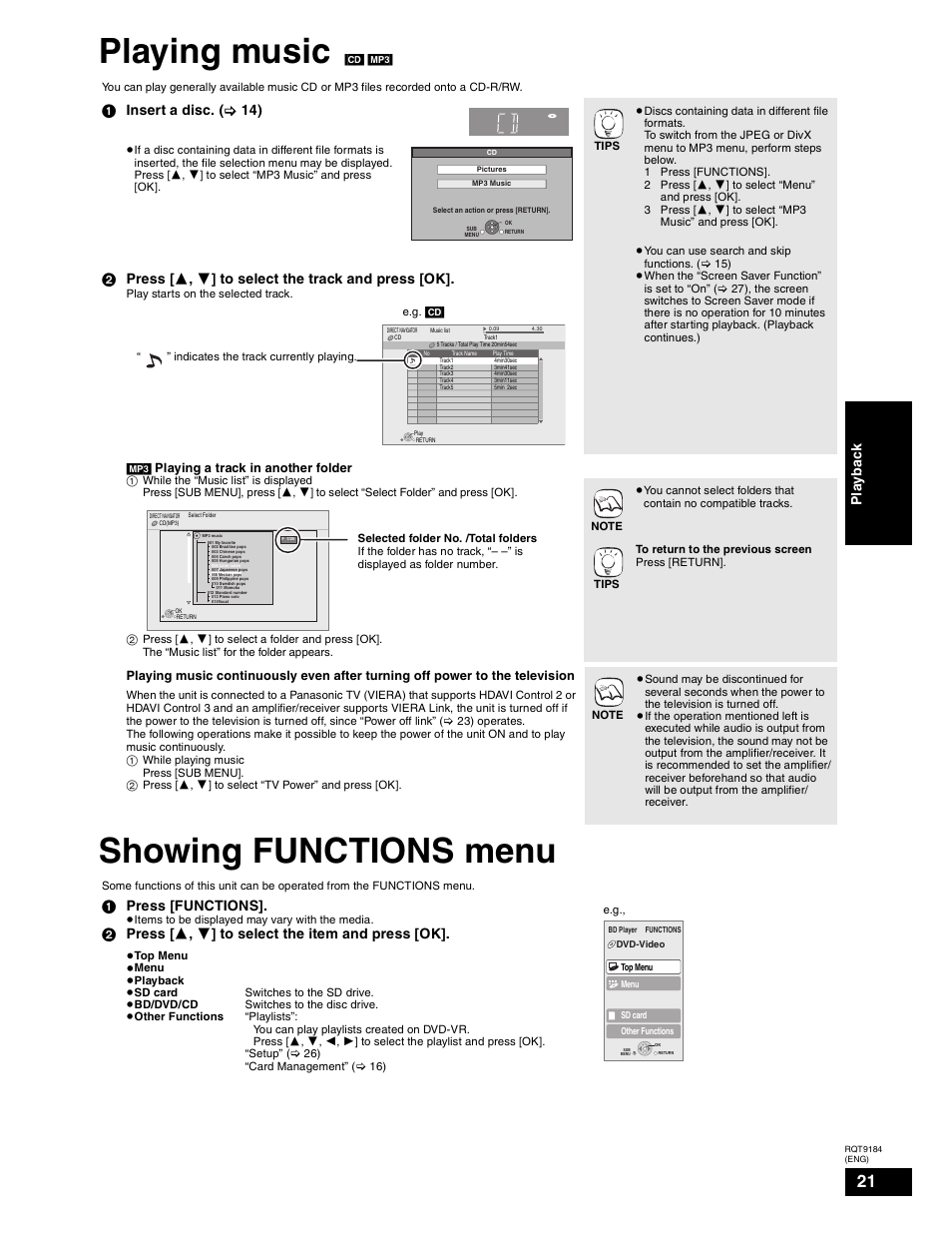 Playing music, Showing functions menu, Insert a disc. ( > 14) | Press [  ,  ] to select the track and press [ok, Press [functions, Press [   ,  ] to select the item and press [ok, Play b a ck | Panasonic DMP-BD50 User Manual | Page 21 / 50