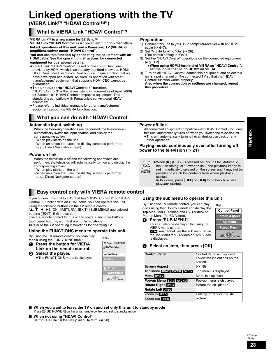 Linked operations with the tv, Viera link, Hdavi control | What is viera link “hdavi control, What you can do with “hdavi control, Easy control only with viera remote control | Panasonic DMP-BD50 User Manual | Page 23 / 50