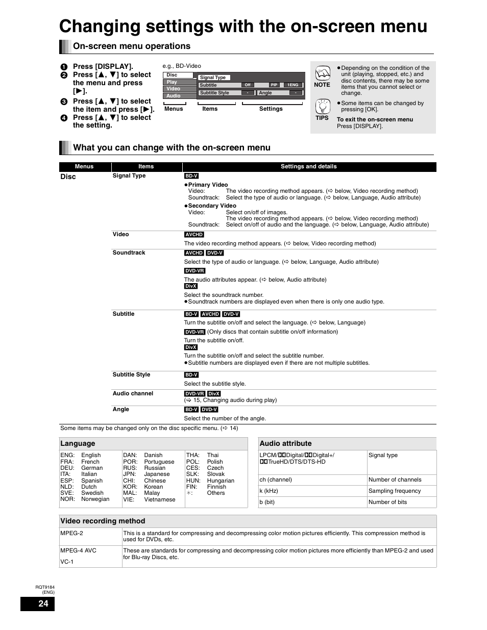 Menu settings, Changing settings with the on-screen menu, List of settings | On-screen menu operations, What you can change with the on-screen menu | Panasonic DMP-BD50 User Manual | Page 24 / 50
