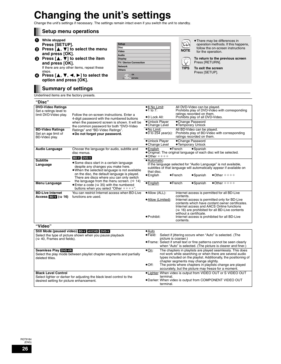 Changing the unit’s settings, Setup menu operations, List of settings | Summary of settings | Panasonic DMP-BD50 User Manual | Page 26 / 50
