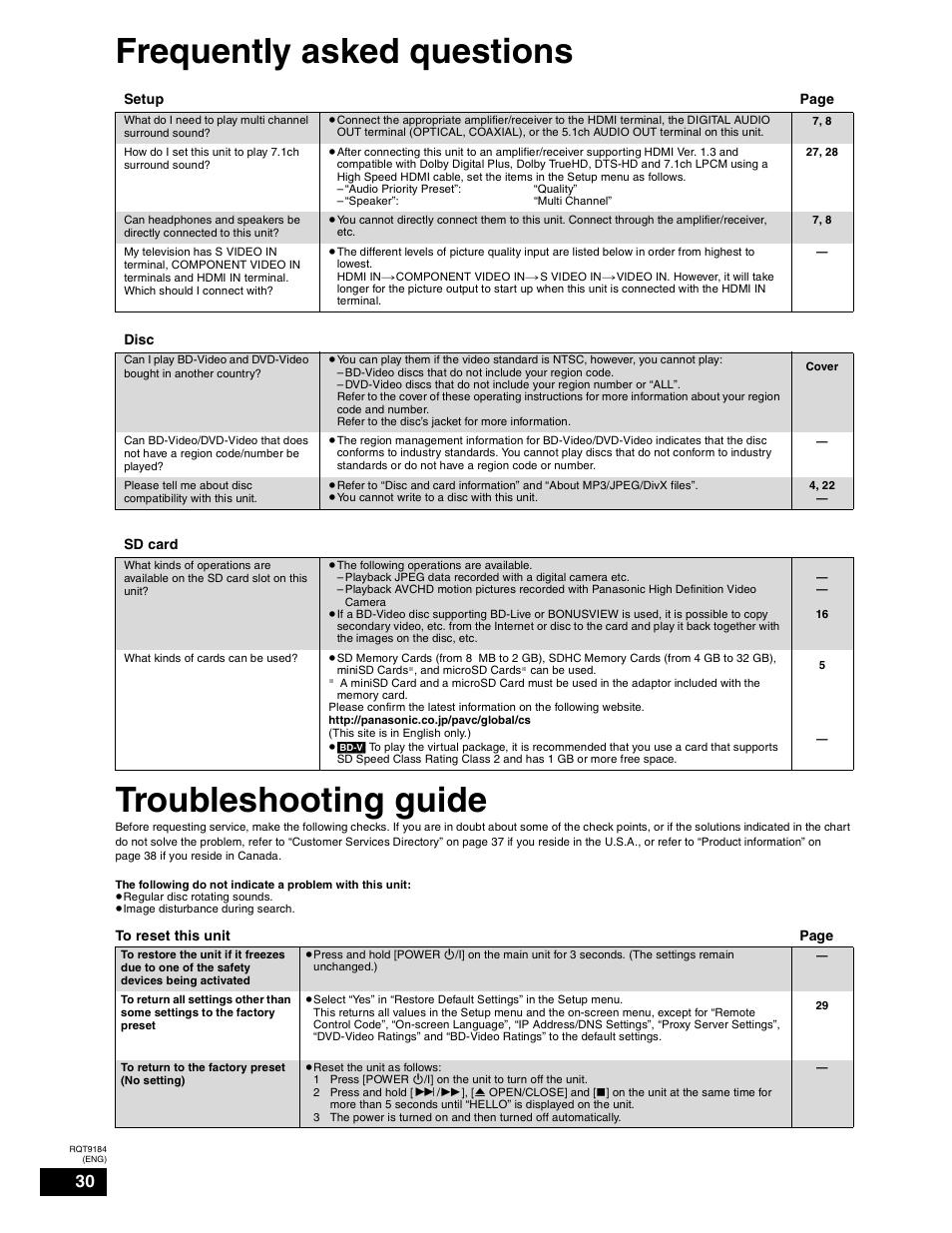 Reset, Frequently asked questions, Troubleshooting | Frequently asked questions troubleshooting guide | Panasonic DMP-BD50 User Manual | Page 30 / 50