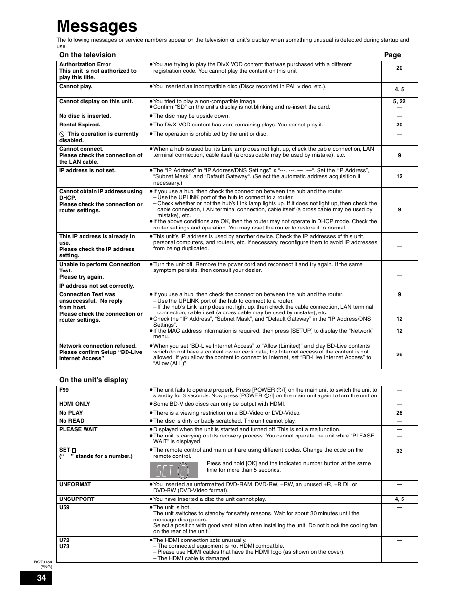 Messages | Panasonic DMP-BD50 User Manual | Page 34 / 50