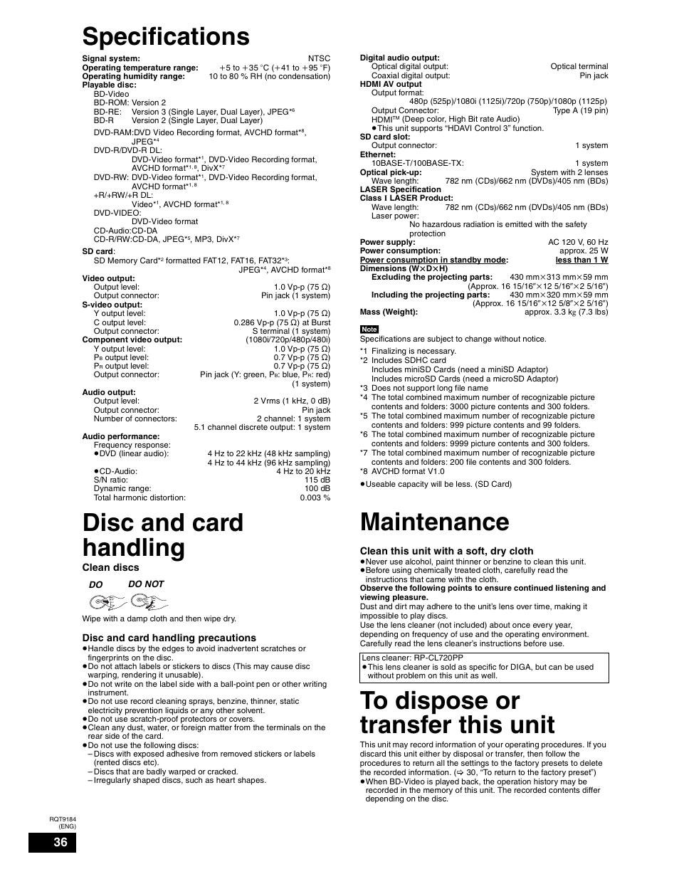 Maintenance, Specs, Specifications | Disc and card handling | Panasonic DMP-BD50 User Manual | Page 36 / 50