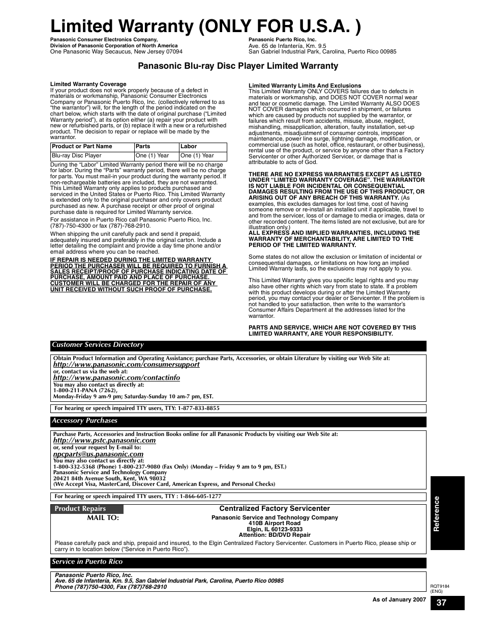 Warranty, Limited warranty (only for u.s.a. ), Panasonic blu-ray disc player limited warranty | Panasonic DMP-BD50 User Manual | Page 37 / 50