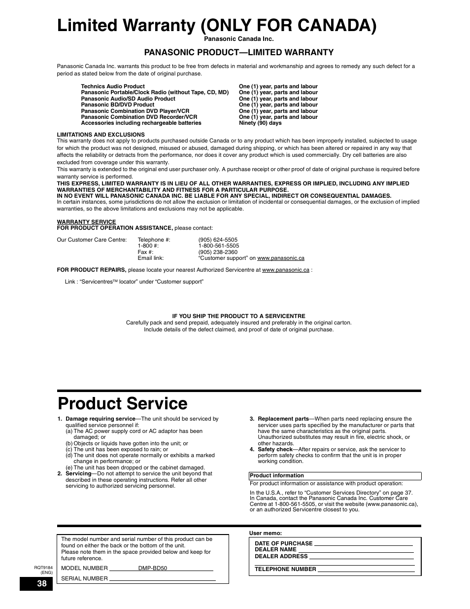 Limited warranty (only for canada), Product service, Panasonic product—limited warranty | Panasonic DMP-BD50 User Manual | Page 38 / 50