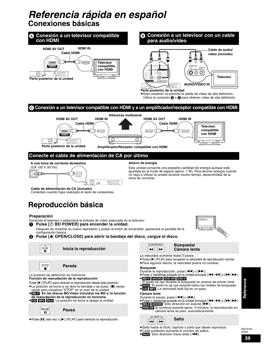 Spanish quick reference, Referencia rápida en español, Conexiones básicas reproducción básica | Panasonic DMP-BD50 User Manual | Page 39 / 50