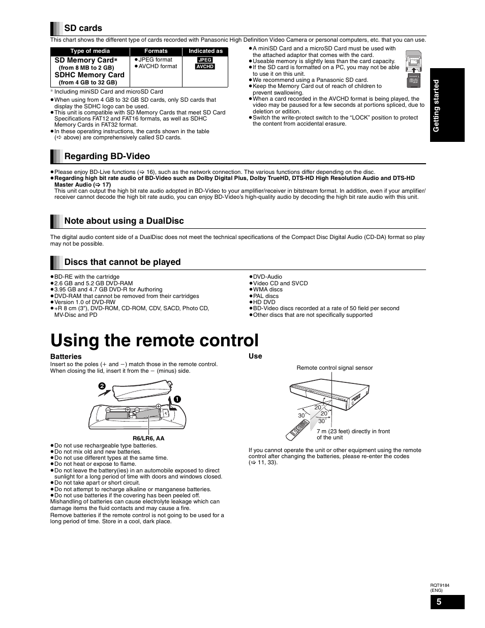 Bd-video, Dualdisc, Using the remote control | Sd cards, Regarding bd-video, Discs that cannot be played | Panasonic DMP-BD50 User Manual | Page 5 / 50