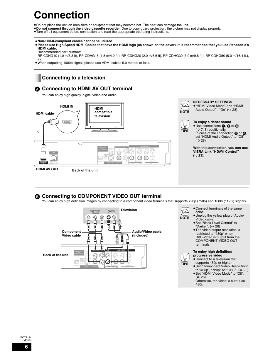 Rear panel, Connections, Connection | Connecting to component video out terminal | Panasonic DMP-BD50 User Manual | Page 6 / 50