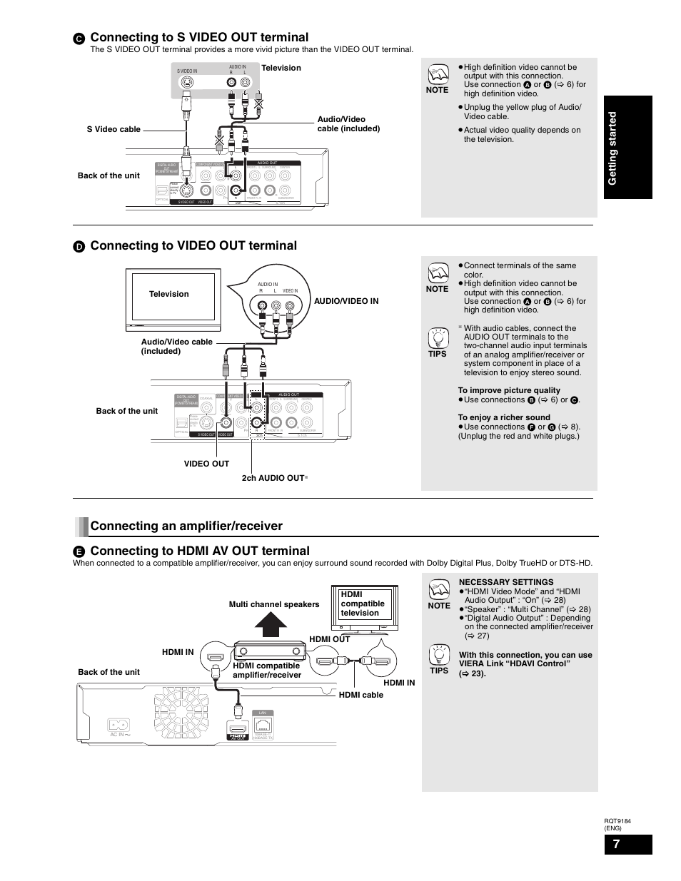 Connecting to s video out terminal, Connecting to video out terminal, Ge tt in g s tar ted | Panasonic DMP-BD50 User Manual | Page 7 / 50