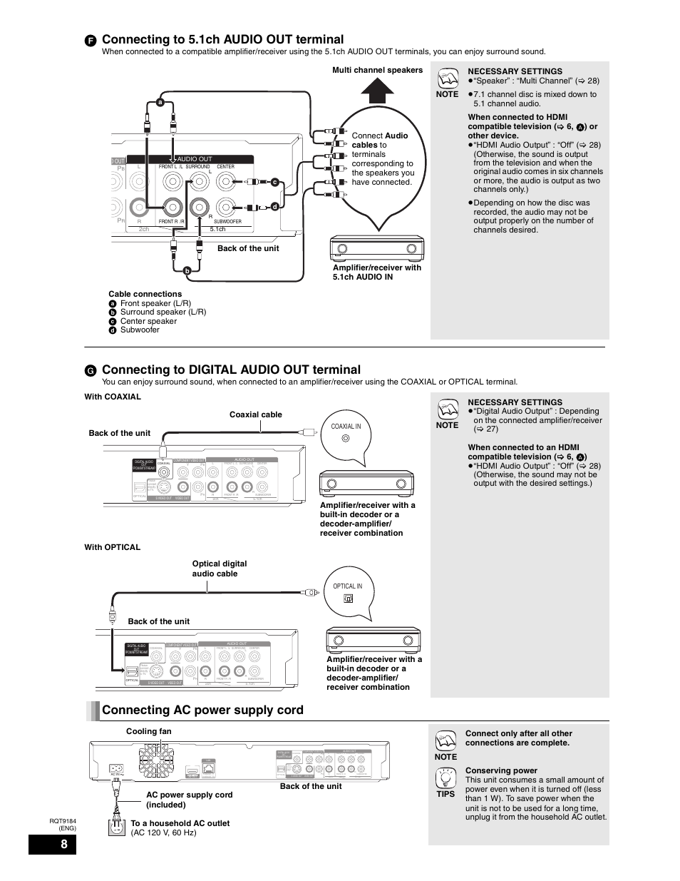 Connecting to 5.1ch audio out terminal, Connecting to digital audio out terminal, Connecting ac power supply cord | Panasonic DMP-BD50 User Manual | Page 8 / 50