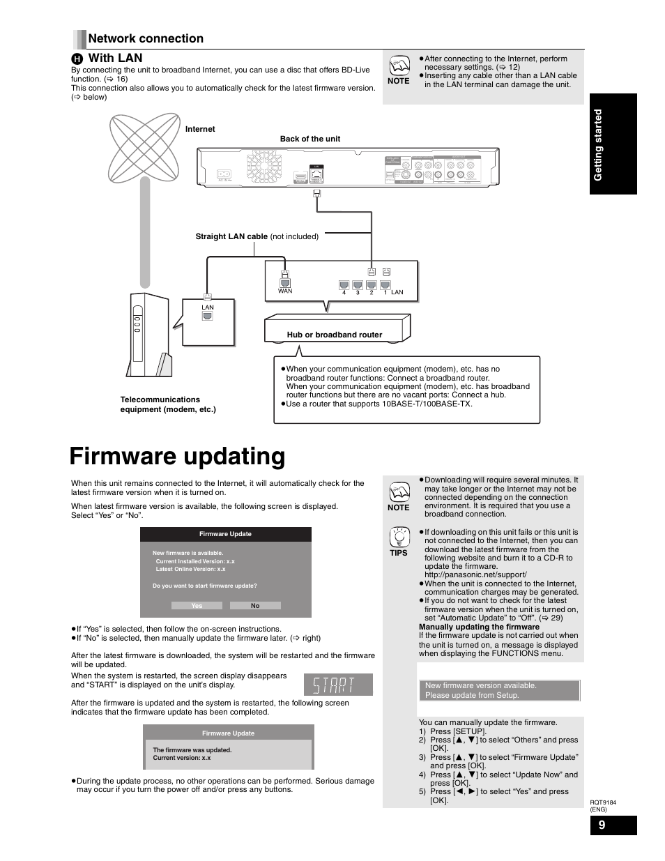 Firmware updating, Network connection with lan, Ge tt in g s tar ted | Panasonic DMP-BD50 User Manual | Page 9 / 50