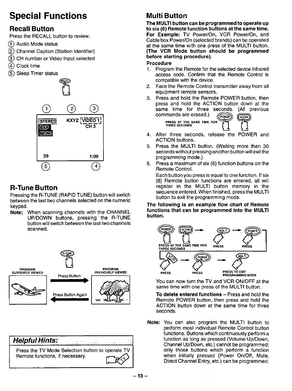 Recall button, R-tune button, Recall button r-tune button | Special functions, Multi button, H^pful hints | Panasonic CT-31SF14 User Manual | Page 13 / 36