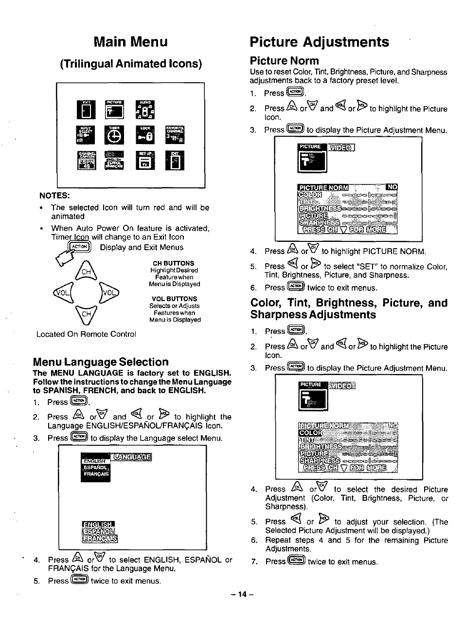 Main menu, Trilingual animated icons), Menu language selection | Picture adjustments, Picture norm, Main menu (trilingual animated icons) | Panasonic CT-31SF14 User Manual | Page 14 / 36