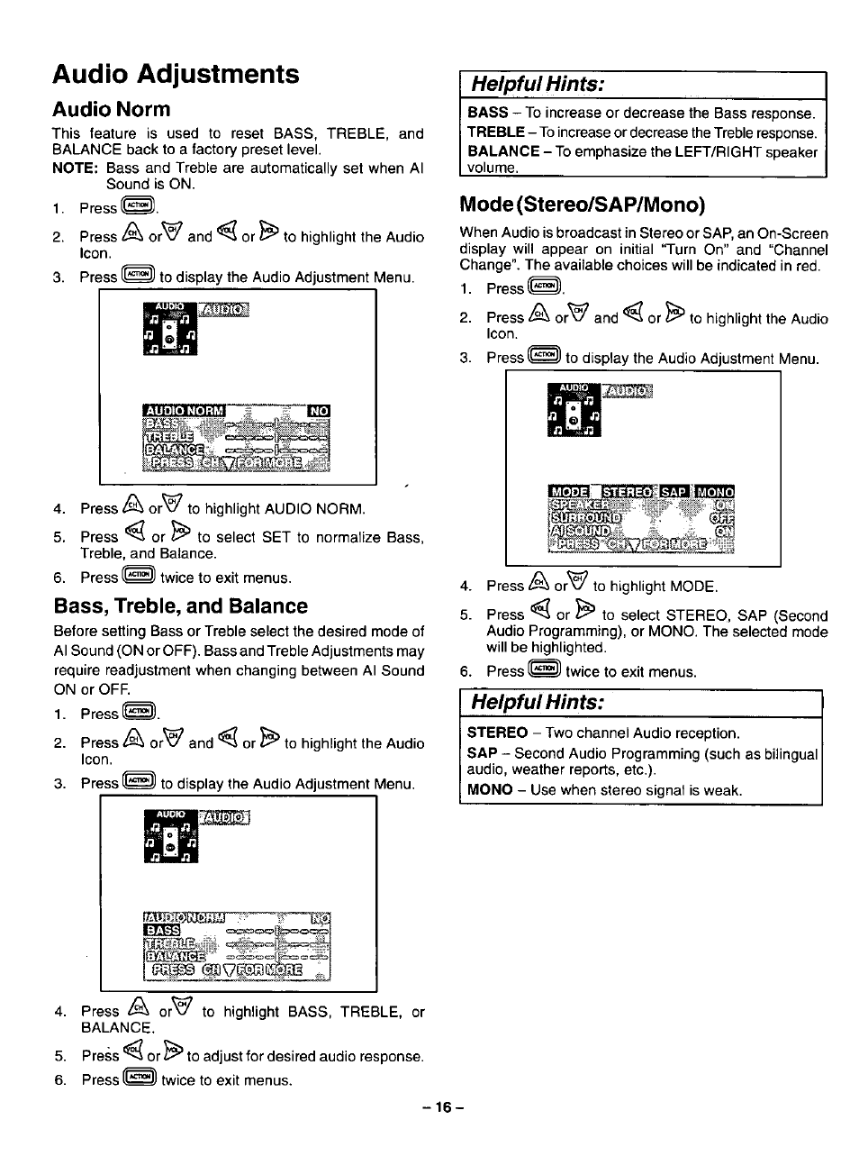 Audio adjustments, Audio norm, Bass, treble, and balance | Mode (stereo/sap/mono), Heipful hints, Helpful hints | Panasonic CT-31SF14 User Manual | Page 16 / 36