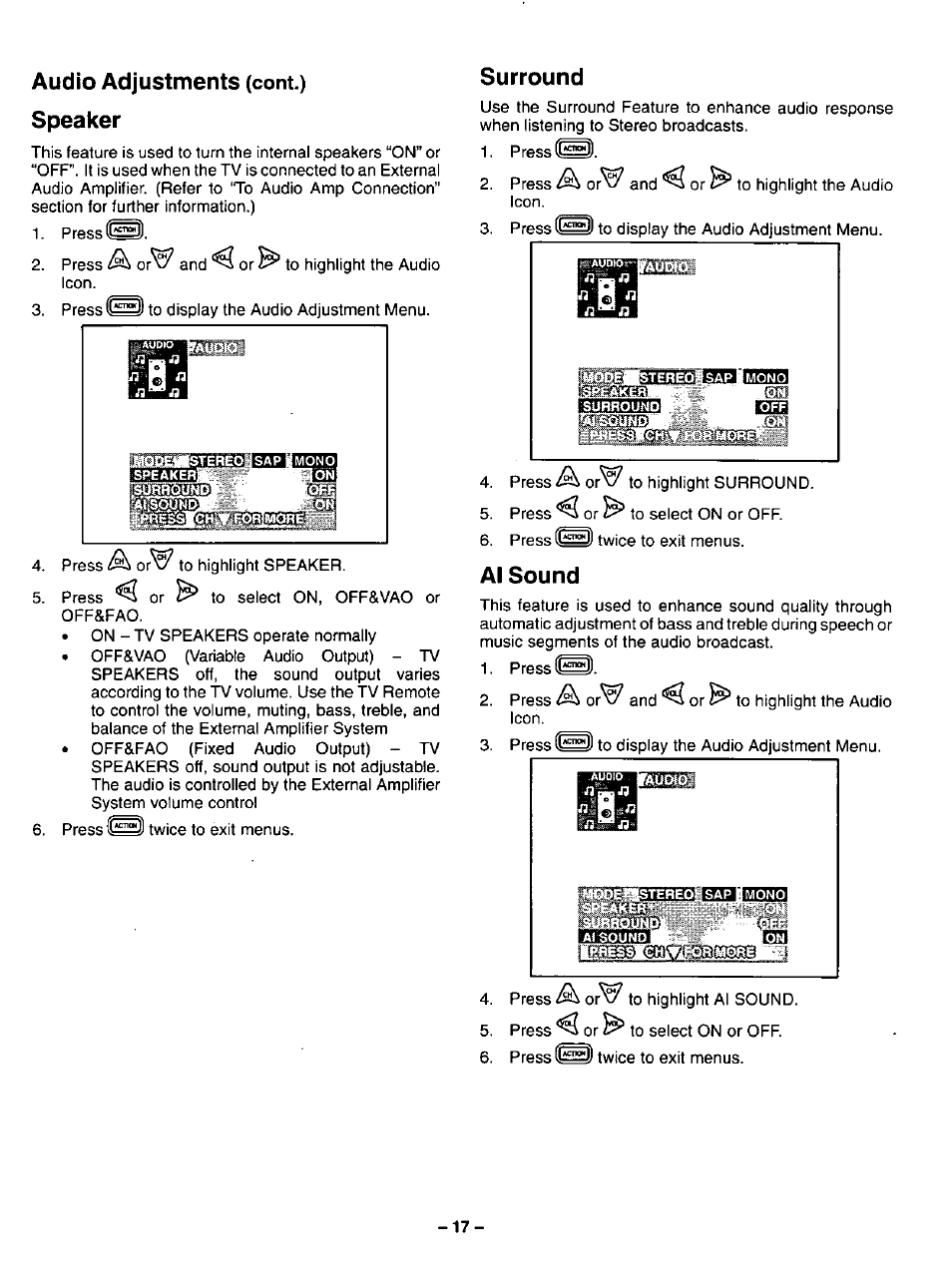 Audio adjustments (cont.), Speaker, Surround | Al sound, Speaker surround, Audio adjustments | Panasonic CT-31SF14 User Manual | Page 17 / 36