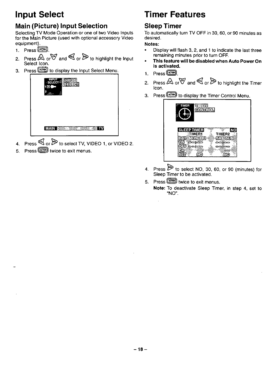 Input select, Main (picture) input selection, Timer features | Sleep timer | Panasonic CT-31SF14 User Manual | Page 18 / 36