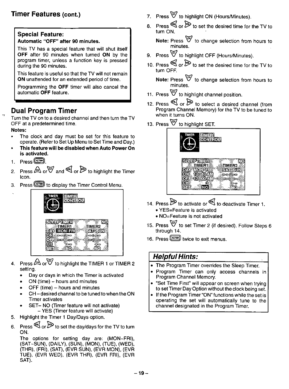 Tinner features (cont.), Dual program timer, Tinner features | Helpful hints | Panasonic CT-31SF14 User Manual | Page 19 / 36