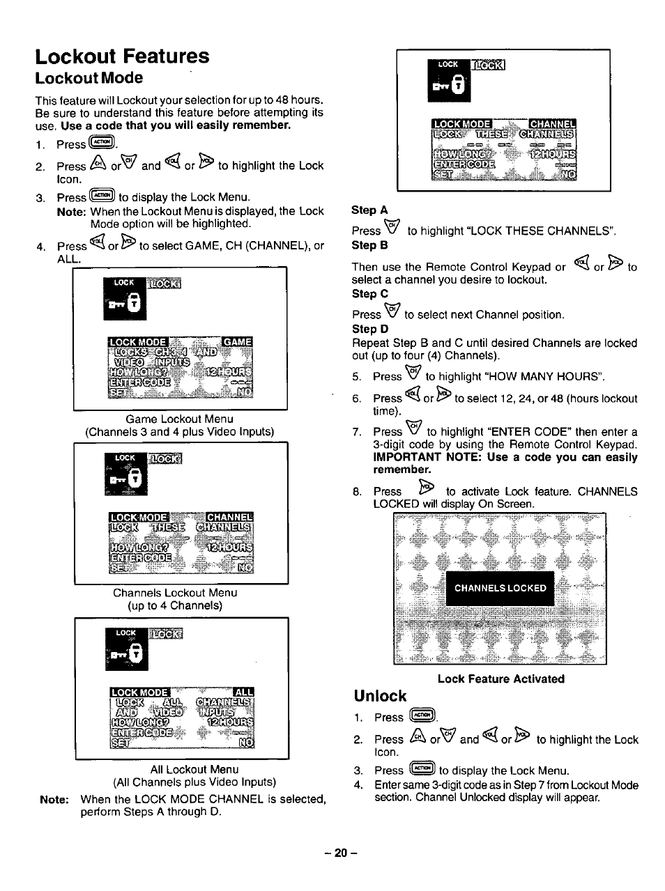 Lockout features, Lockout mode, Unlock | Press ^3, Lockout mode unlock | Panasonic CT-31SF14 User Manual | Page 20 / 36