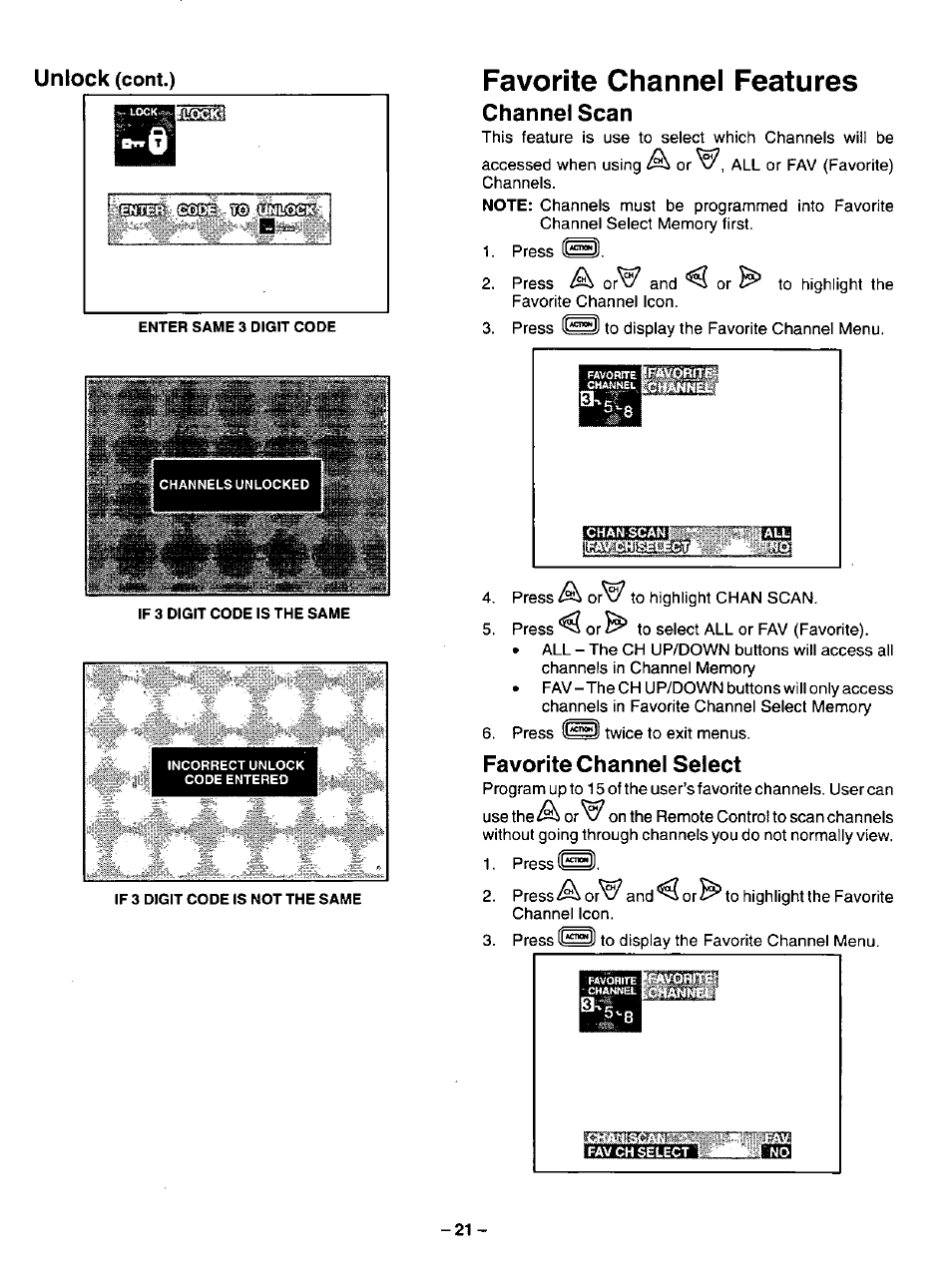 Favorite channel features, Channel scan, Favorite channel select | Unlock | Panasonic CT-31SF14 User Manual | Page 21 / 36