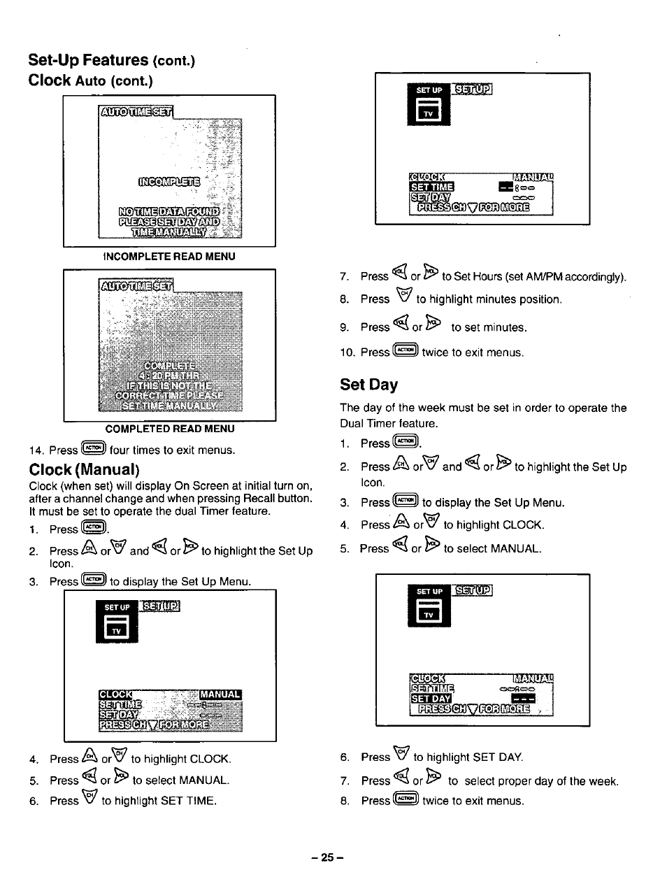 Set-up features (cont.) clock auto (cont.), Clock (manual), Set day | Clock (manual) set day, Set-up features, Clock, Leuocki | Panasonic CT-31SF14 User Manual | Page 25 / 36
