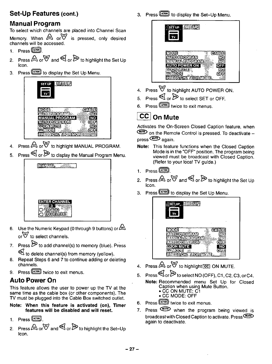 Manual program, Auto power on, Manual program auto power on | Set-up features, On mute | Panasonic CT-31SF14 User Manual | Page 27 / 36