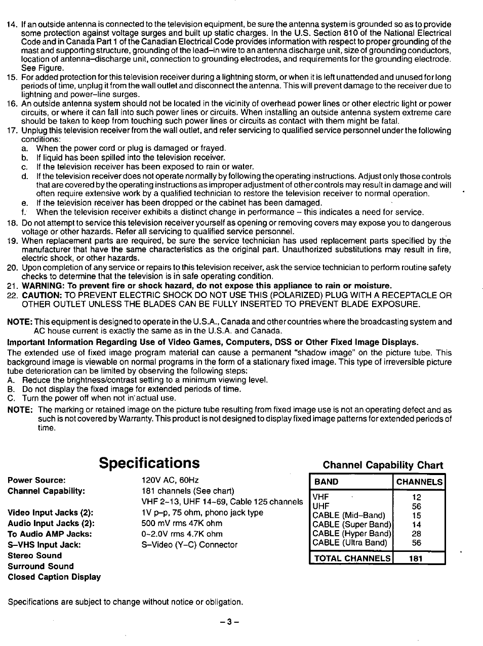 Specifications | Panasonic CT-31SF14 User Manual | Page 3 / 36