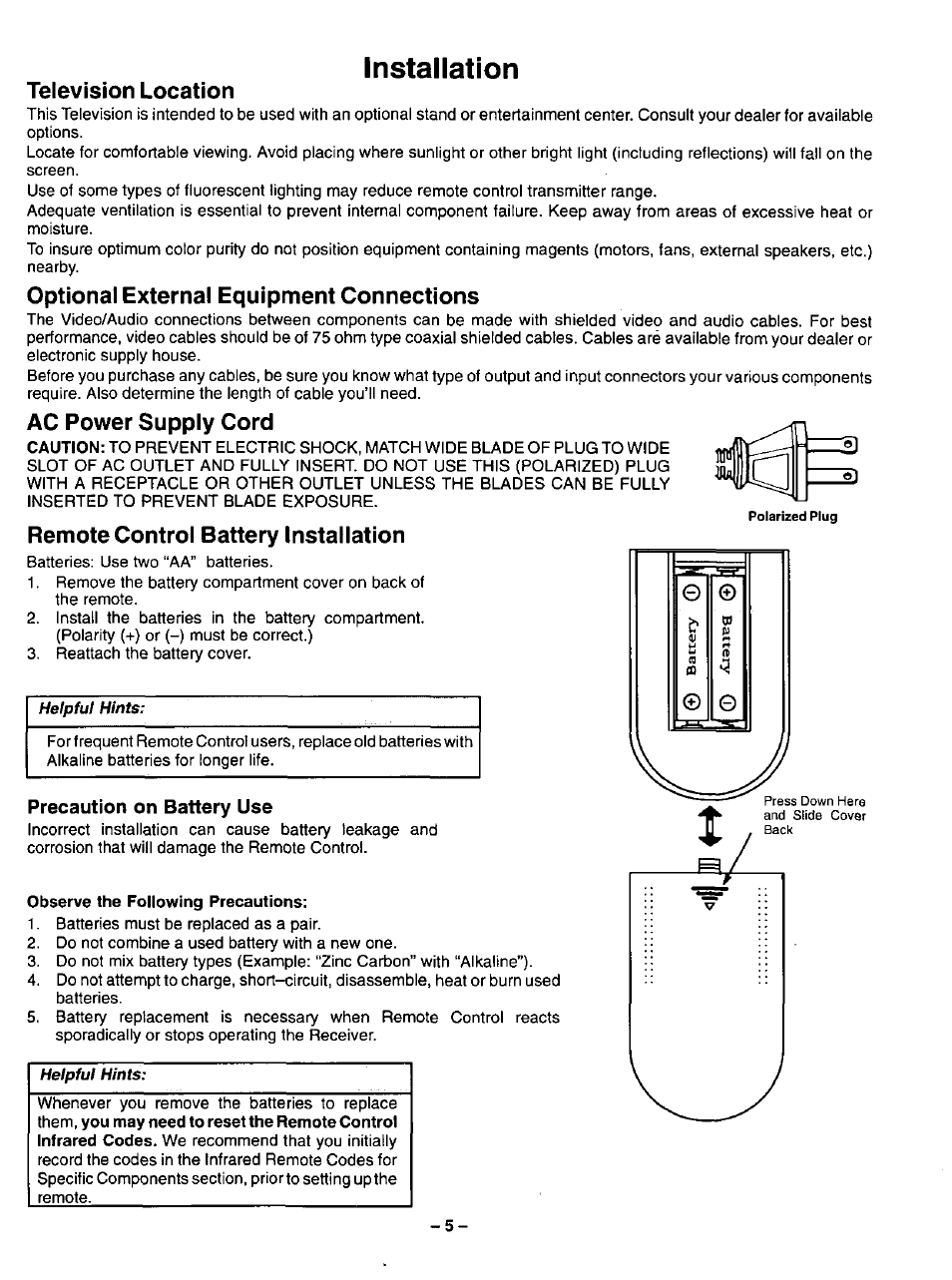 Installation, Television location, Optional external equipment connections | Ac power supply cord, Remote control battery installation, Precaution on battery use | Panasonic CT-31SF14 User Manual | Page 5 / 36