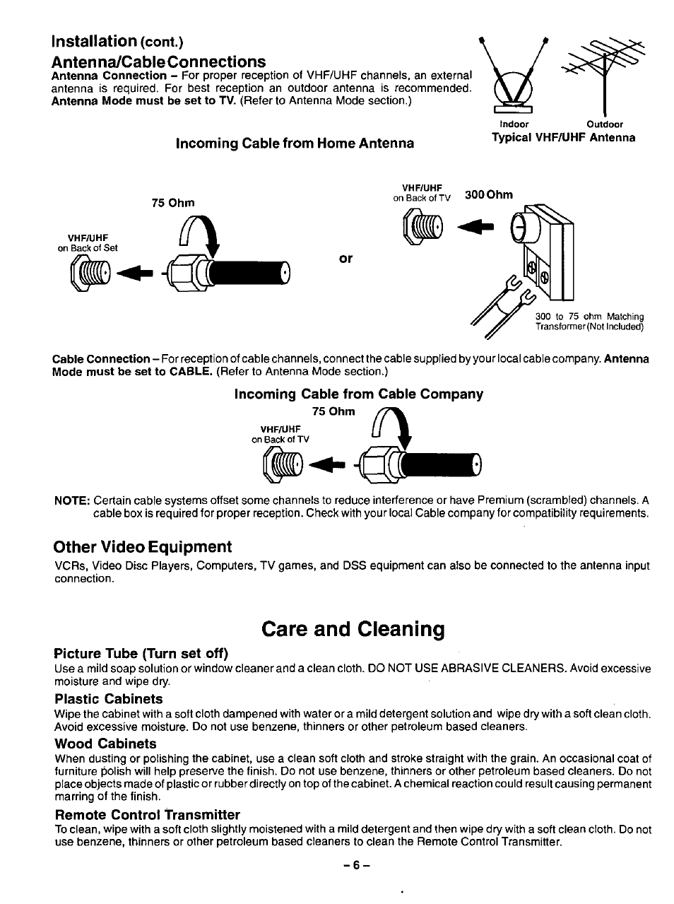 Installation (cont.), Antenna/cableconnections, Incoming cable from home antenna | Incoming cable from cable company, Other video equipment, Care and cleaning, Picture tube (turn set off), Plastic cabinets, Wood cabinets, Remote control transmitter | Panasonic CT-31SF14 User Manual | Page 6 / 36