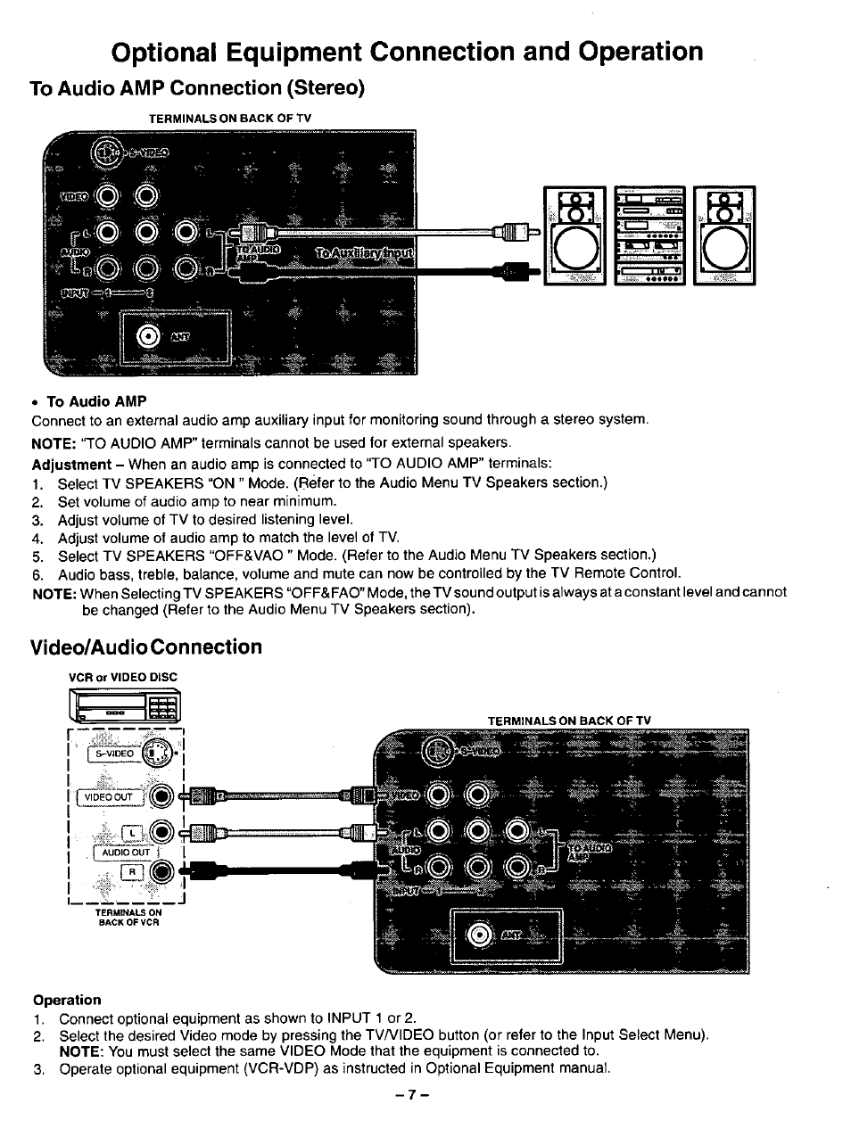 Optional equipment connection and operation, To audio amp connection (stereo), Video/audioconnection | Panasonic CT-31SF14 User Manual | Page 7 / 36