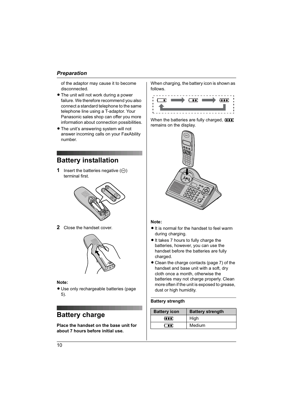 Battery installation, Battery charge | Panasonic KX-TG1840NZ User Manual | Page 10 / 61