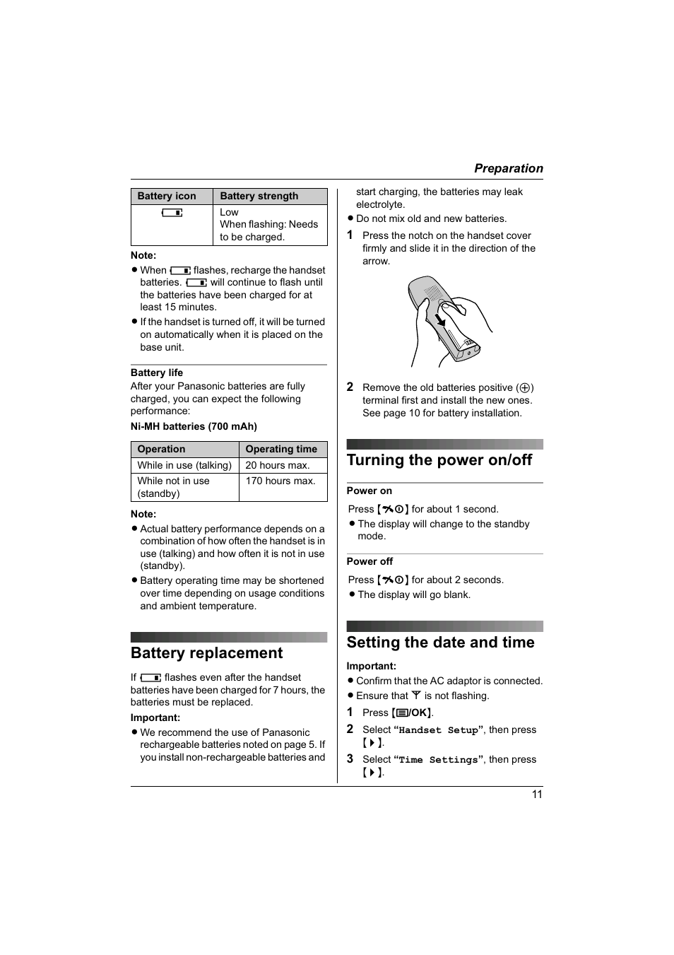 Battery replacement, Turning the power on/off, Setting the date and time | Panasonic KX-TG1840NZ User Manual | Page 11 / 61