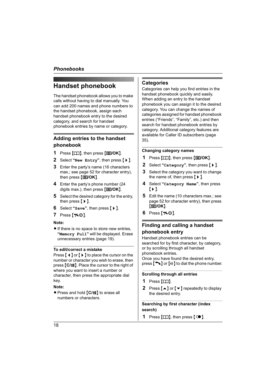 Handset phonebook | Panasonic KX-TG1840NZ User Manual | Page 18 / 61