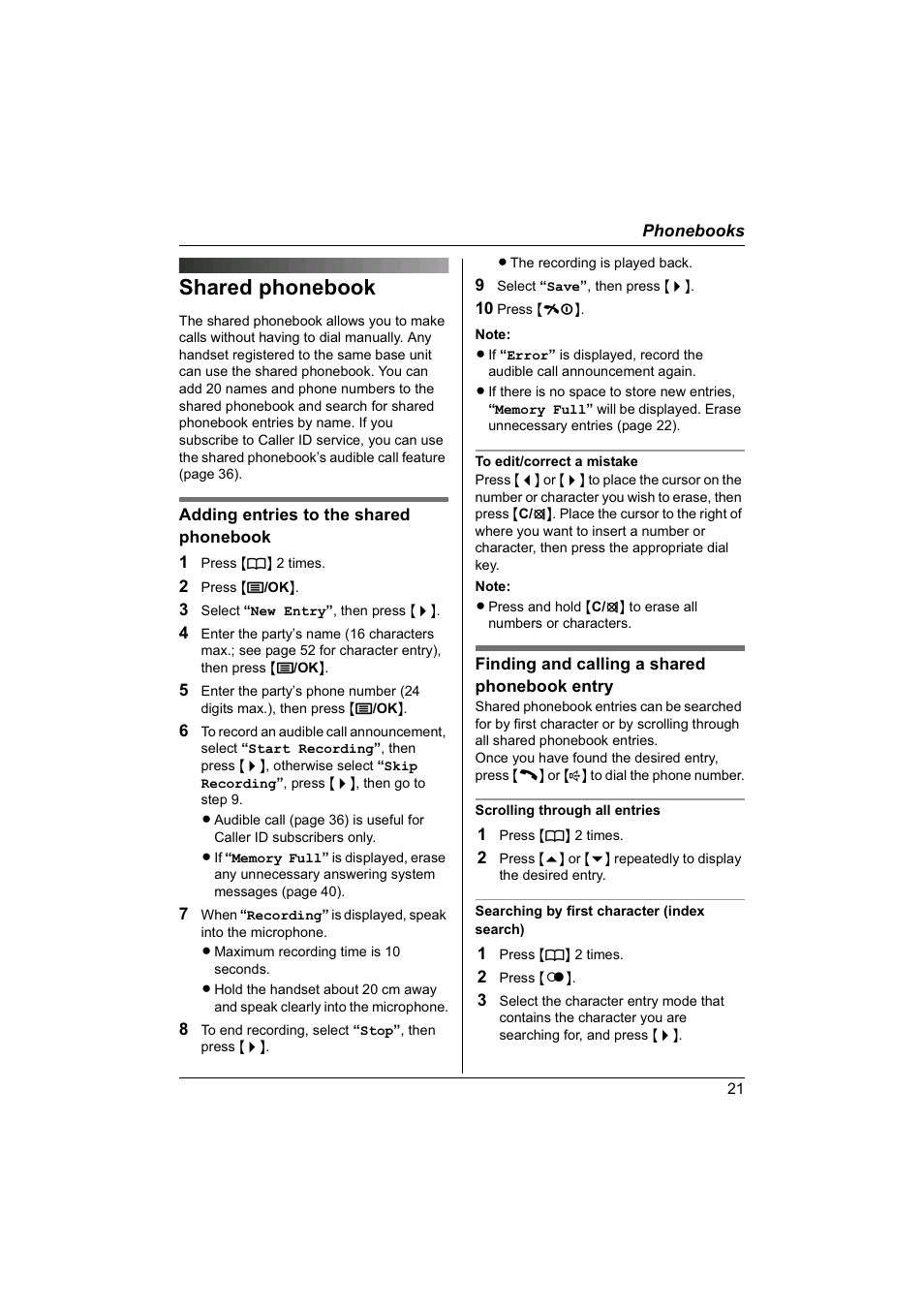 Shared phonebook | Panasonic KX-TG1840NZ User Manual | Page 21 / 61