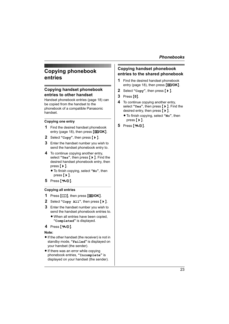 Copying phonebook entries | Panasonic KX-TG1840NZ User Manual | Page 23 / 61