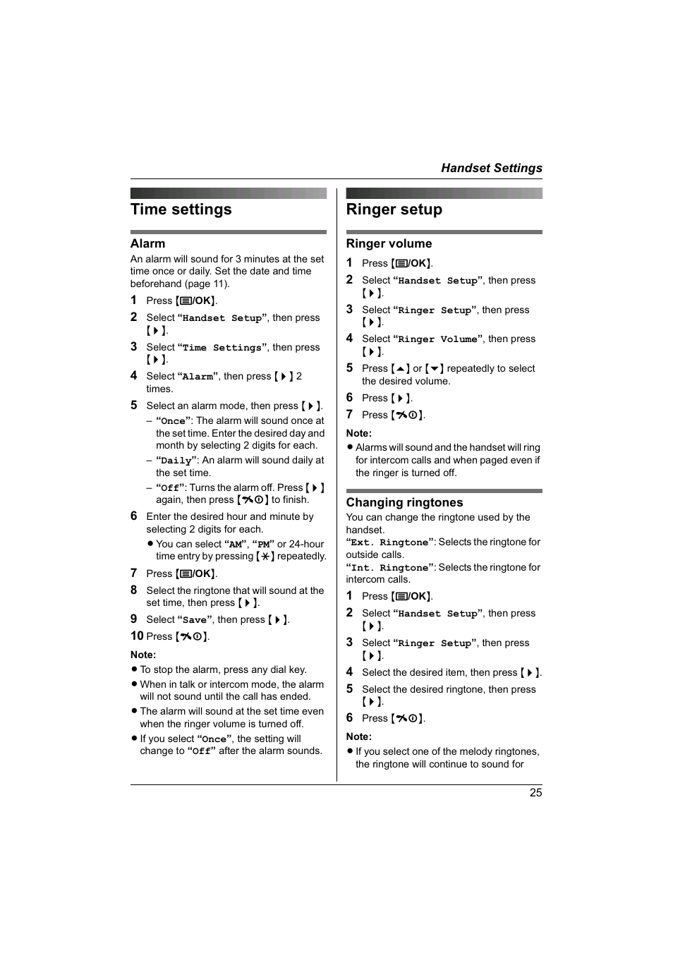 Time settings, Ringer setup | Panasonic KX-TG1840NZ User Manual | Page 25 / 61
