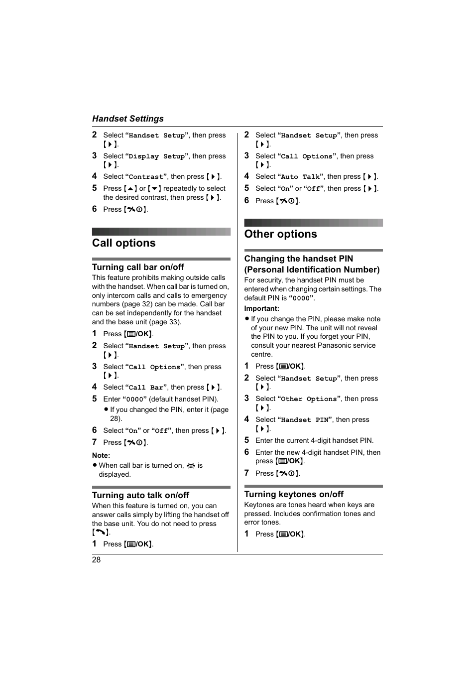 Call options, Other options | Panasonic KX-TG1840NZ User Manual | Page 28 / 61