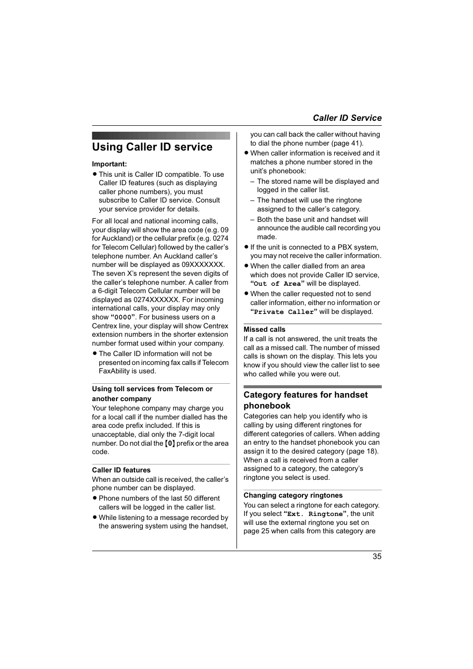 Using caller id service | Panasonic KX-TG1840NZ User Manual | Page 35 / 61