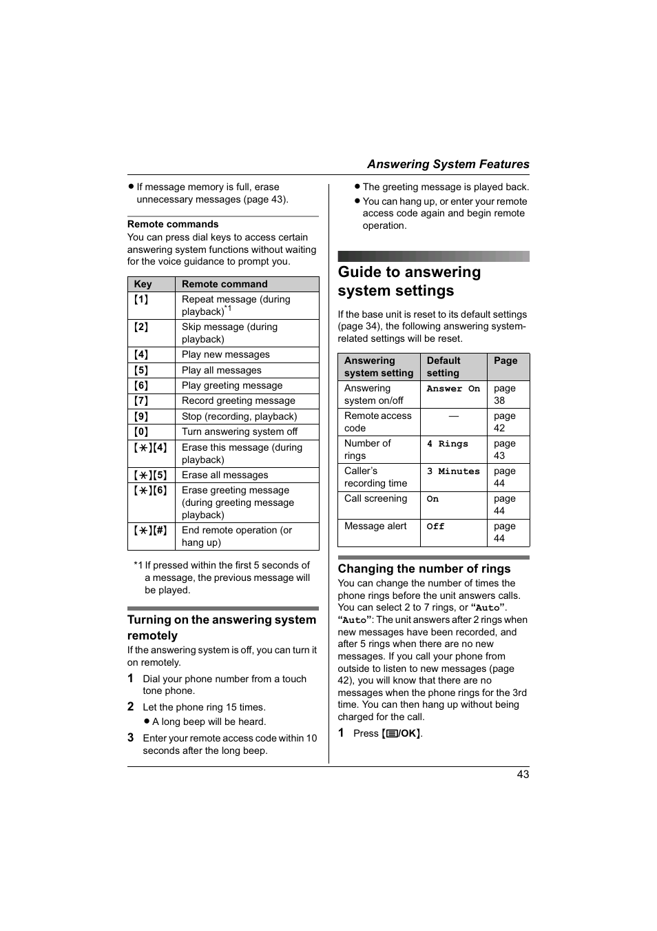 Guide to answering system settings | Panasonic KX-TG1840NZ User Manual | Page 43 / 61
