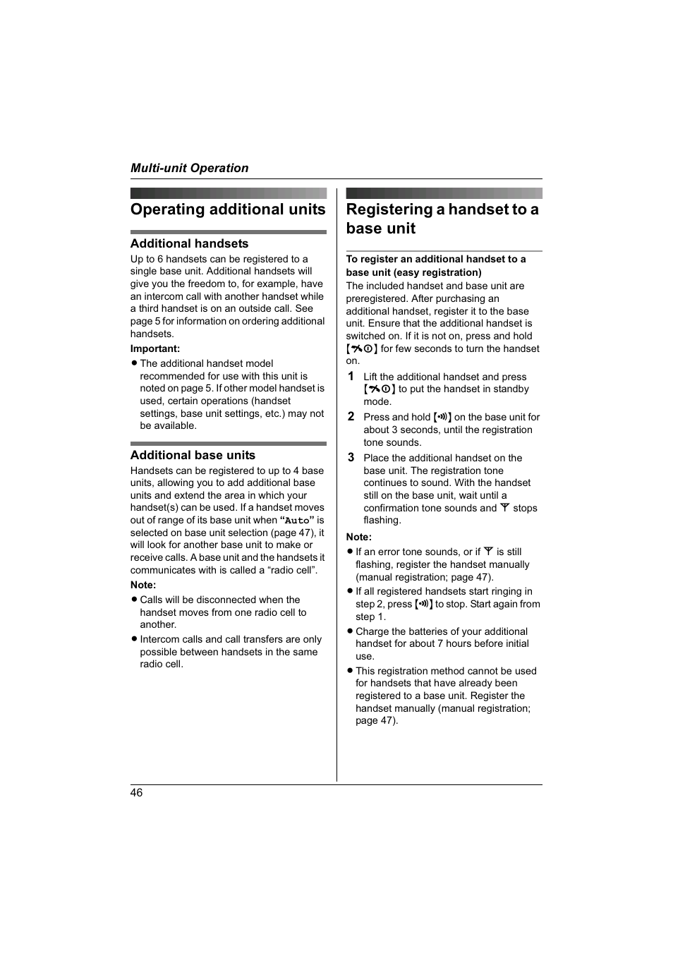 Operating additional units, Registering a handset to a base unit | Panasonic KX-TG1840NZ User Manual | Page 46 / 61