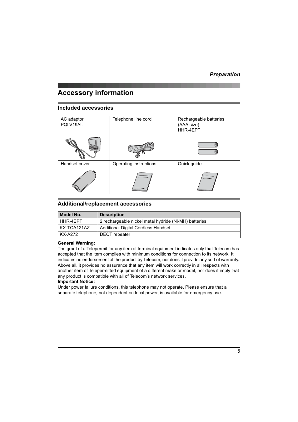 Accessory information | Panasonic KX-TG1840NZ User Manual | Page 5 / 61
