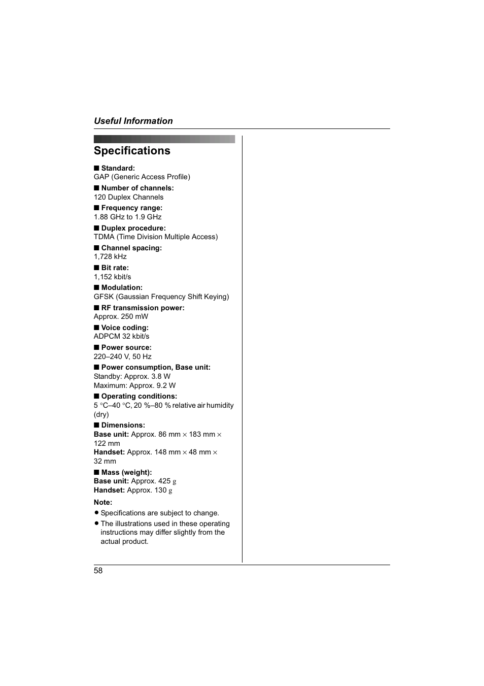 Specifications | Panasonic KX-TG1840NZ User Manual | Page 58 / 61