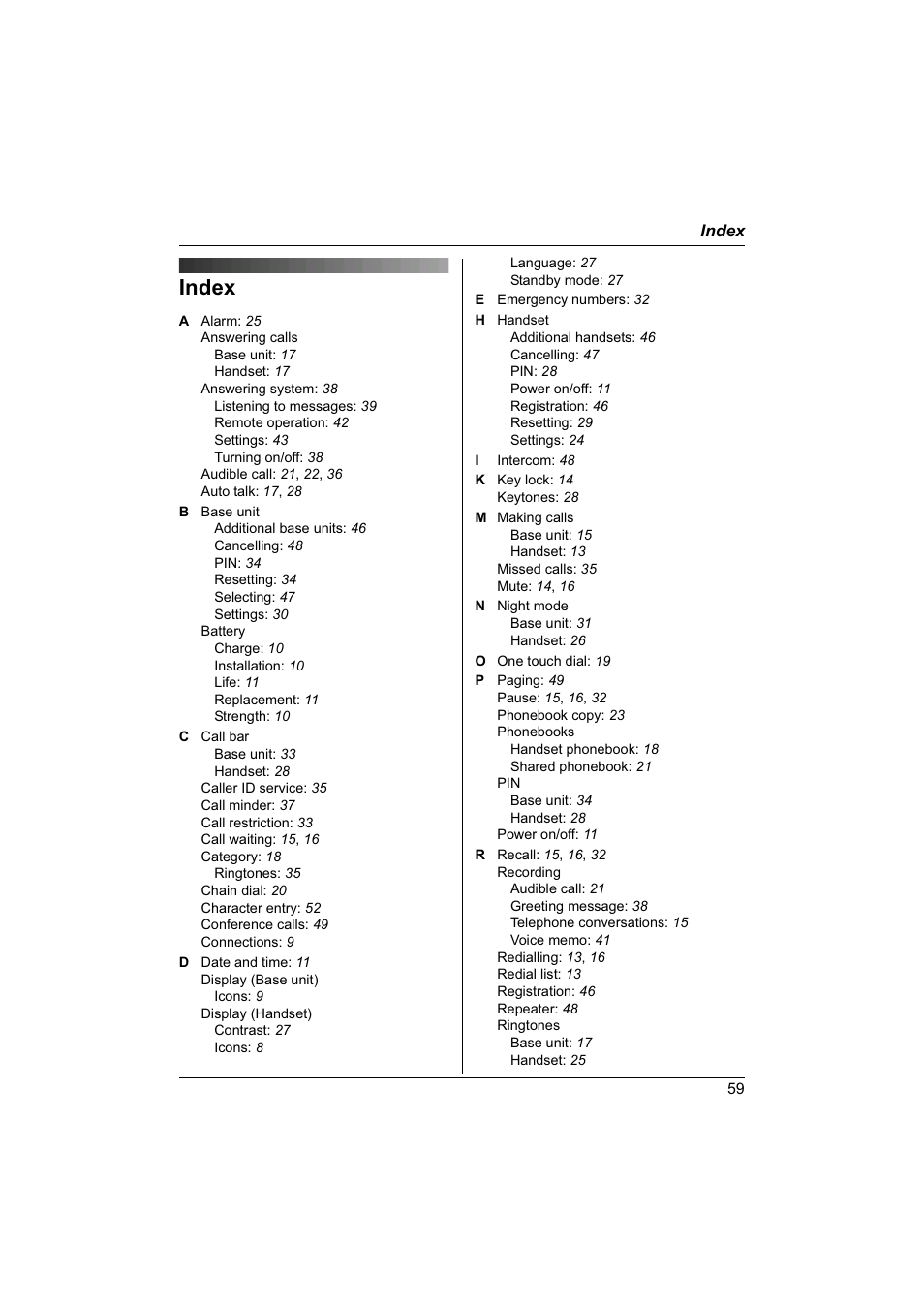 Index | Panasonic KX-TG1840NZ User Manual | Page 59 / 61