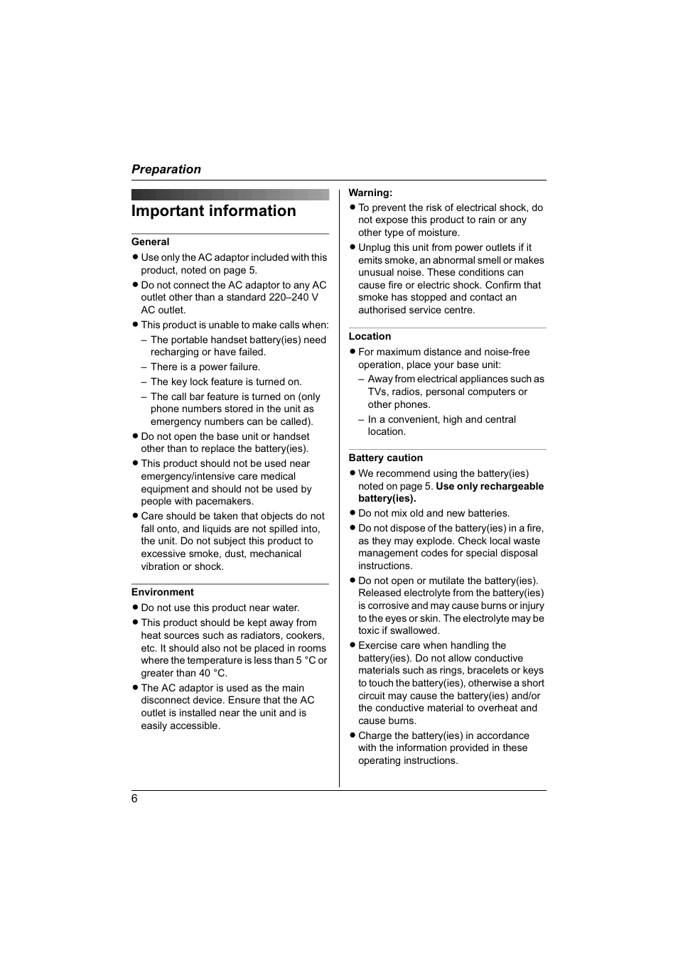 Important information | Panasonic KX-TG1840NZ User Manual | Page 6 / 61