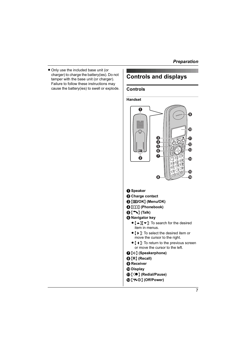 Controls and displays, Preparation, Controls | Panasonic KX-TG1840NZ User Manual | Page 7 / 61