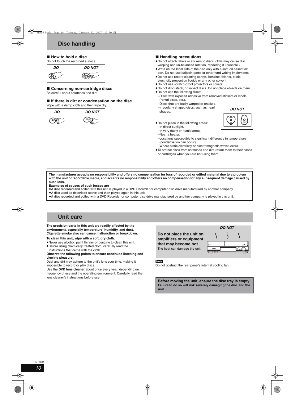 Disc handling, Unit care | Panasonic DMR-EH575 User Manual | Page 10 / 84