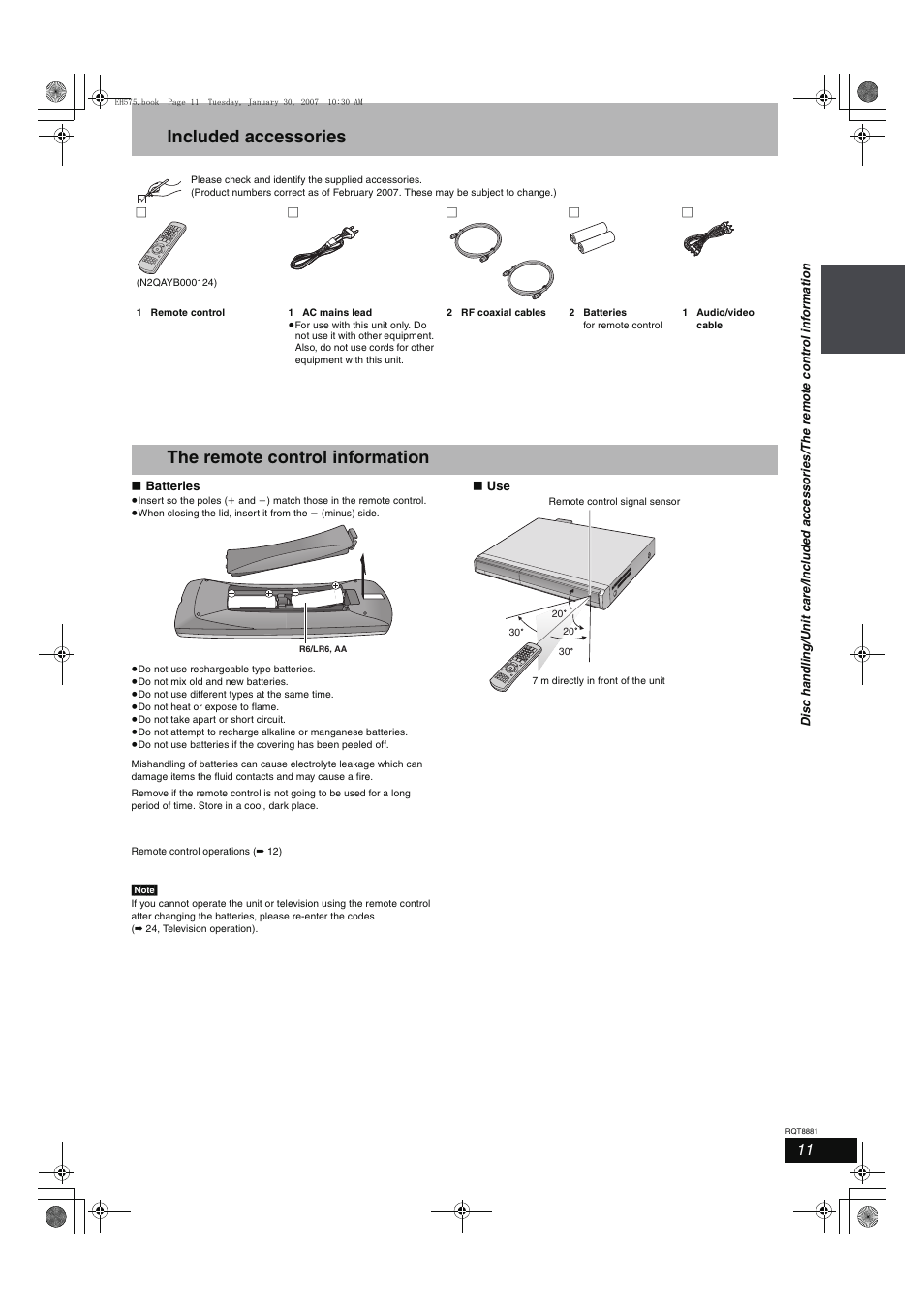 Included accessories, The remote control information | Panasonic DMR-EH575 User Manual | Page 11 / 84