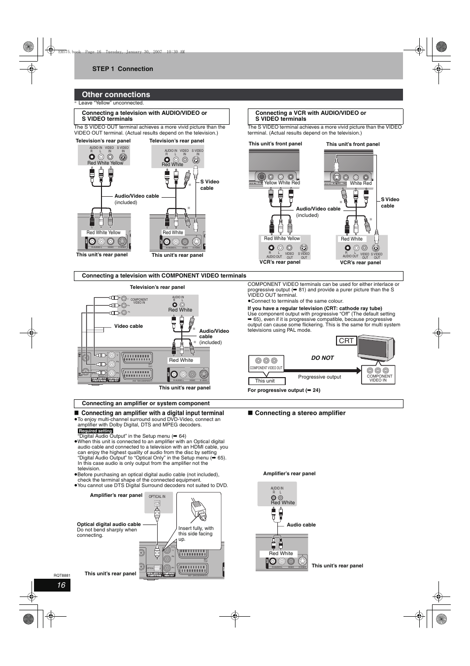 Other connections, Step 1 connection, Connecting a stereo amplifier | Do not connecting an amplifier or system component | Panasonic DMR-EH575 User Manual | Page 16 / 84