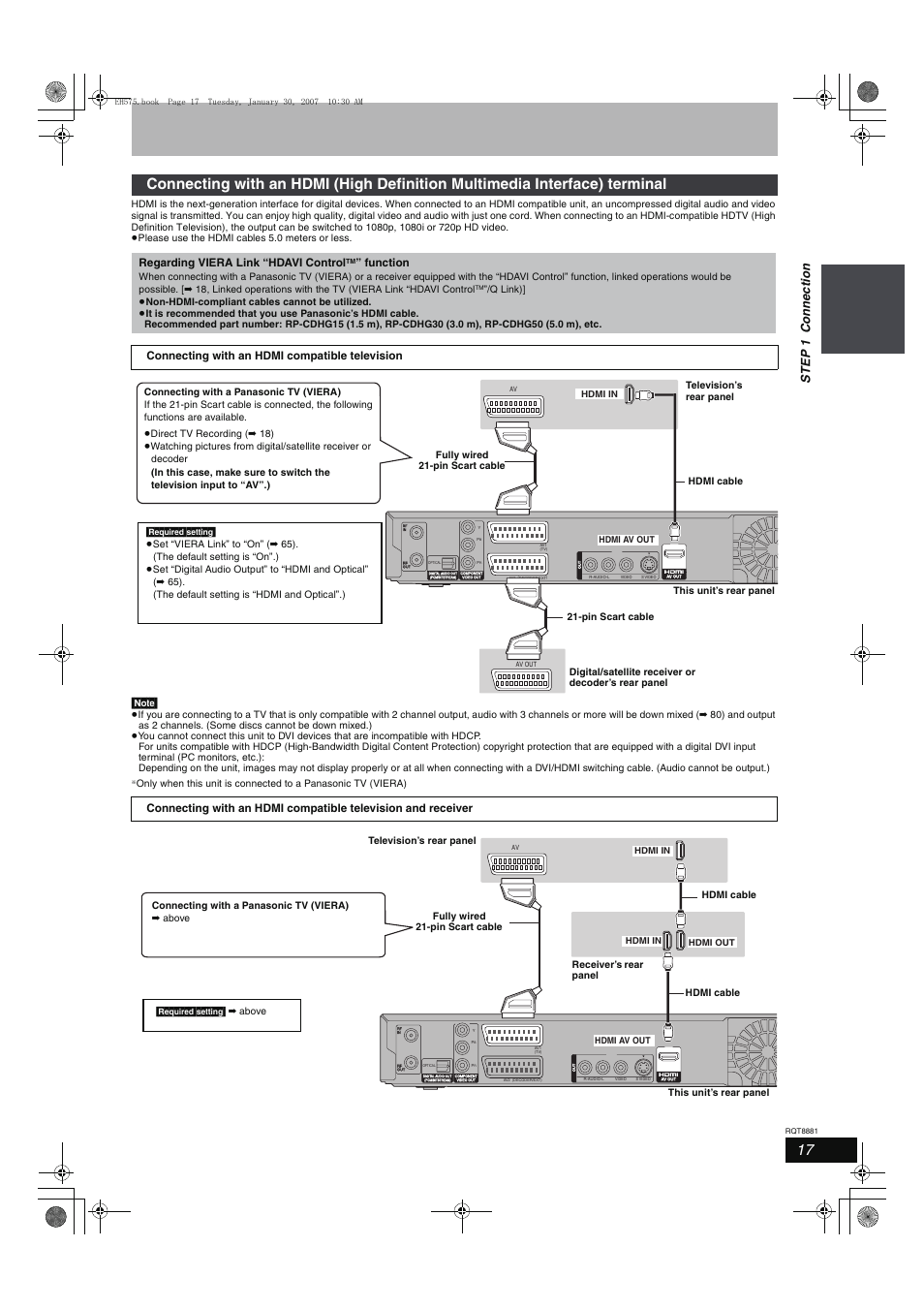 Ste p 1 c onne c tion, Regarding viera link “hdavi control, Function | Panasonic DMR-EH575 User Manual | Page 17 / 84