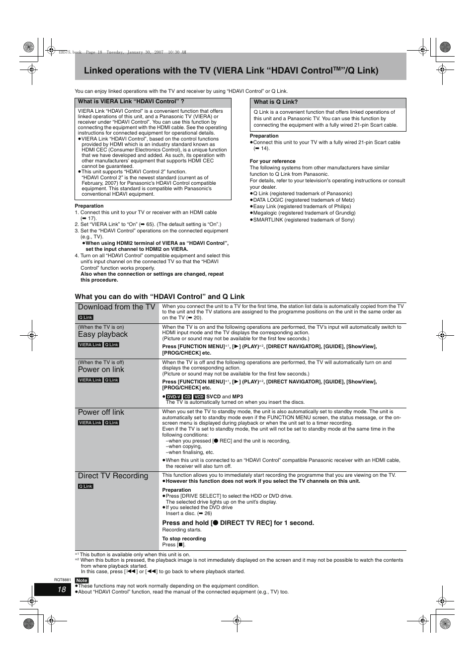 Q link), Download from the tv, Easy playback | Power on link, Power off link, Direct tv recording, What you can do with “hdavi control” and q link | Panasonic DMR-EH575 User Manual | Page 18 / 84